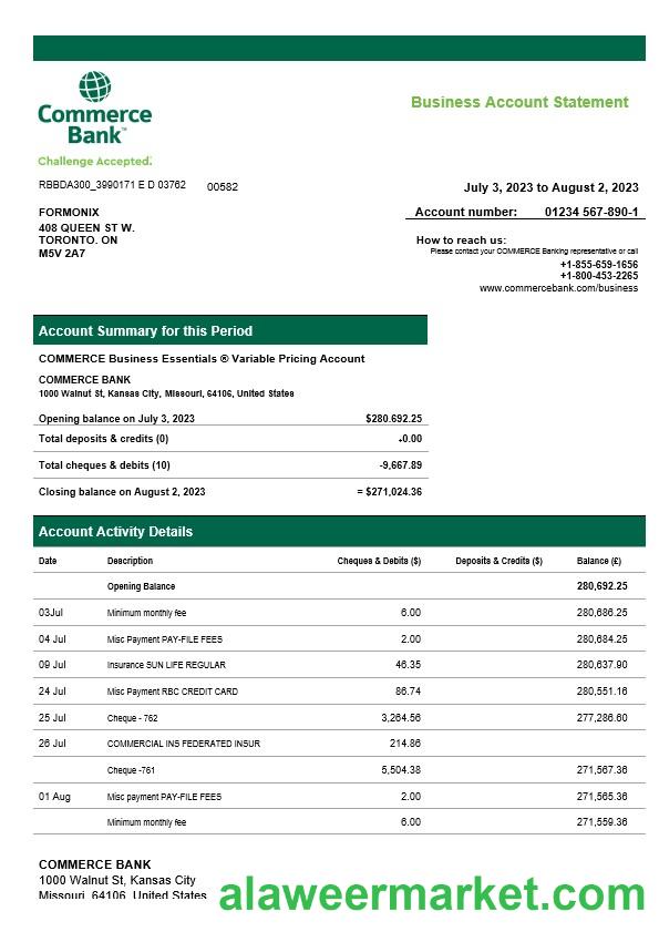 Commerce Bank firm account statement Word and PDF template